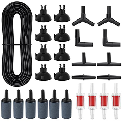 Pawfly Aquarium 25 Feet Black Airline Tubing Standard Air Pump Accessories Set with Air Stone Cylinders Connectors Suction Cups and Check Valves for Fish Tank Aeration Setup