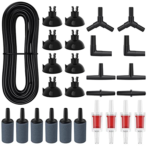 Pawfly Aquarium 25 Feet Black Airline Tubing Standard Air Pump Accessories Set with Air Stone Cylinders Connectors Suction Cups and Check Valves for Fish Tank Aeration Setup