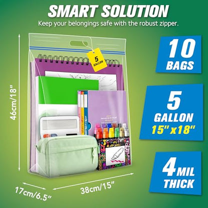 HIBAG 5 Gallon Large Storage Bags, 15” x 18” Resealable Clear Bags with Handle, Extra Large XL Heavy Duty for Clothes Pillow Travel Moving, Pack of 10 - size: 5 gal - 10 pack