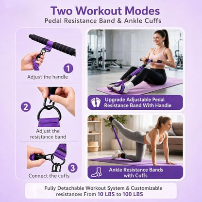 Pedal Resistance Band with Handle, Multifunctional Home Gym Set - color: Purple
