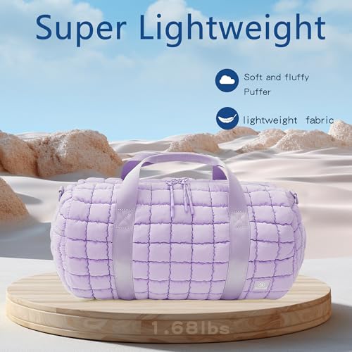 Quilted Gym Bag for Women,Duffle Bag for Travel with Wet Pocket,Carry on Weekender Bags for Women,Travel Bag with Shoe Compartment (Light purple) - color: Light purple