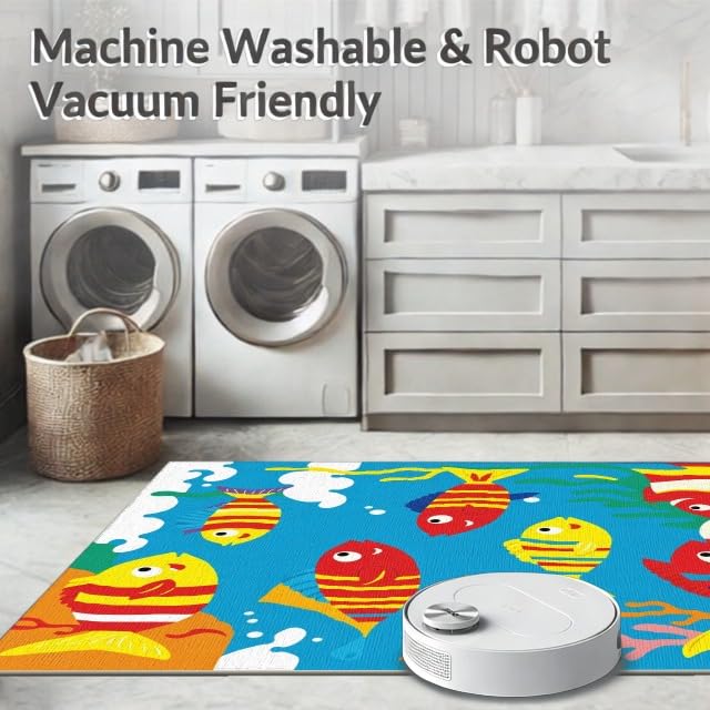 5'x7' Washable Modern Fish Area Rug, Yellow Non-Shedding Pet Friendly Carpet for Small Living Room, Playroom, Bedroom, Easy Care Kids Safe Mat | Ref:1887345 - color: Blue/Pattern 45, size: 5' x 7' (Rectangular)