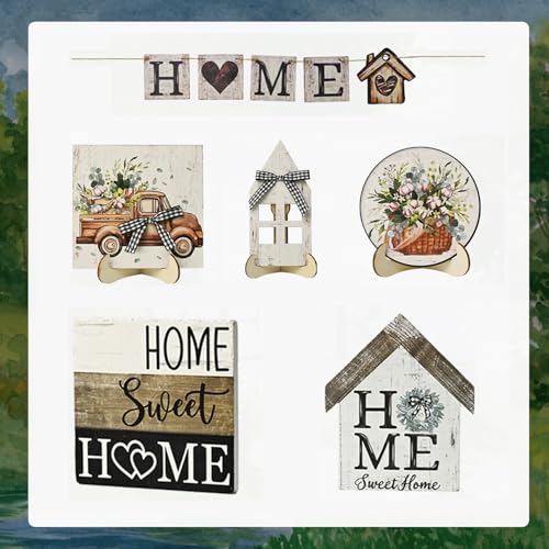 Smile 9pcs Indoor Wooden Decor, Truck Floral Home Sweet Home Rustic Farmhouse Tiered Tray Set Home Decor for Kitchens (Without Trays) - style: Retro