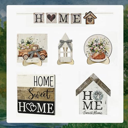 Smile 9pcs Indoor Wooden Decor, Truck Floral Home Sweet Home Rustic Farmhouse Tiered Tray Set Home Decor for Kitchens (Without Trays) - style: Retro