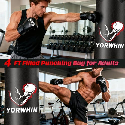 Filled Punching Bag for Adults, 4FT Boxing Bag with Sponge Filler & Gloves | PU Leather Hanging Punching Bag, Heavy Kicking Bag Boxing Equipment for MMA Training Karate Kickboxing - style: Boxing Arms