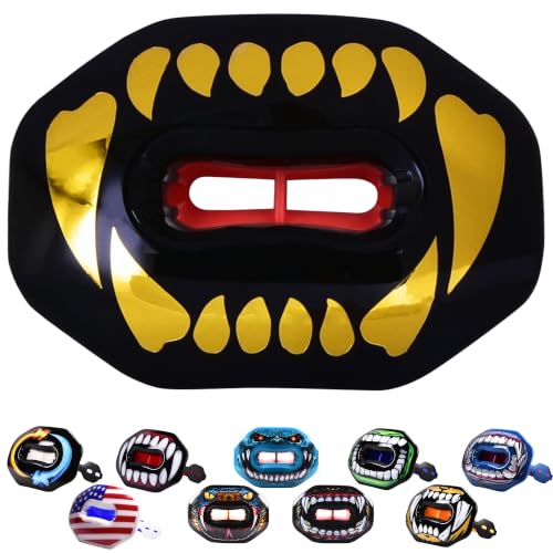 Oral Mart Flag Football Mouth Guard with 3D LipFit Design for Kids - Youth Football Mouthguard (No Boil) Cool Instant Fit Lip Guard Mouthpiece for Braces (Detachable Helmet Strap Included) - color: Golden Fangs
