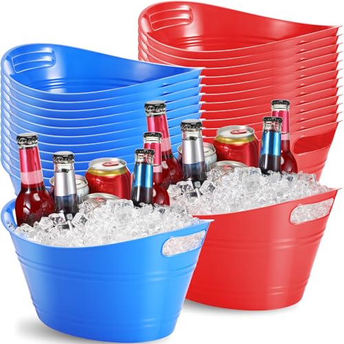 24 Pcs Oval Storage Tub with Handles, 4.5l Plastic Ice Buckets Bulk for Wine Beer Champagne Drink Cooler Beverage Storage Tub for Parties BBQ Weddings Party Outdoor Celebration(Blue & Red) - color: Red, Pink, Purple, Rose Red