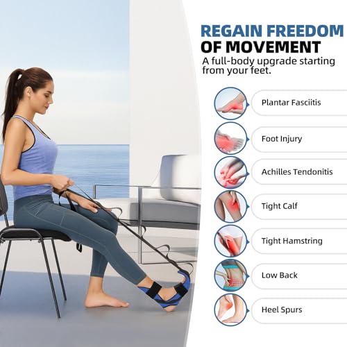 Foot and Calf Stretcher-Stretching Strap For Plantar Fasciitis, Heel Spurs, Foot Drop, Achilles Tendonitis & Hamstring. Yoga Foot & Leg Stretch Strap. (Blue) - color: Blue