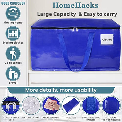 HomeHacks Moving Bags Heavy Duty with Strong Zippers and Handles Collapsible Moving Supplies, Storage Totes for Packing & Moving Storing 125L,10-Pack, Blue