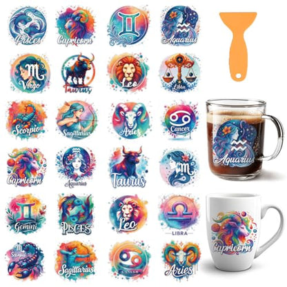 12 Sheets Zodiac UV DTF Stickers for 16 OZ Glass Cups, 12 Constellation UV DTF Cup Wraps Waterproof PVC Transfer Stickers for DIY Laptop Phone Case Decor - style: Zodiac