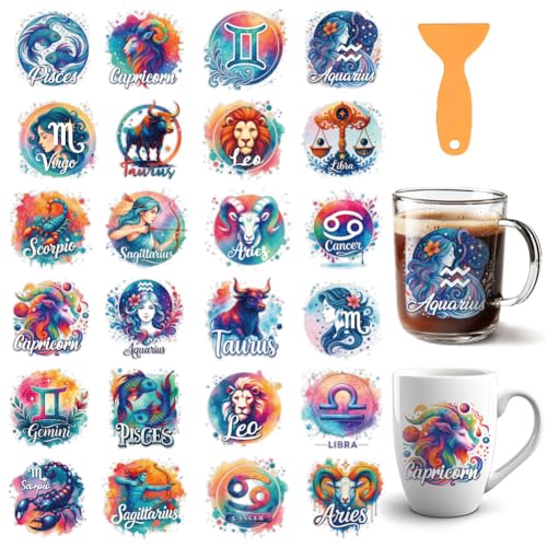 12 Sheets Zodiac UV DTF Stickers for 16 OZ Glass Cups, 12 Constellation UV DTF Cup Wraps Waterproof PVC Transfer Stickers for DIY Laptop Phone Case Decor - style: Zodiac