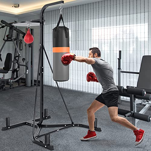 2-in-1 Punching Bag Stand for Adults, Heavy Bag Stand with Height Adjustable Speed Bag, Weighted Base Hold Up to 220 LBS, Freestanding Boxing Equipment for Home Gym Fitness MMA Training