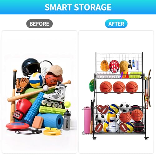 Sports Equipment Organizer,Garage Ball Storage Rack with Basketball Rack with Hooks and Rolling Wheels Cart (BLACK)