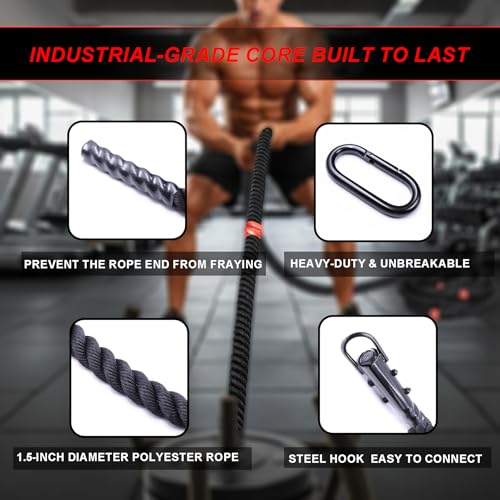 J Bryant Weighted Sled Pull Rope with 3m Interval Markers, Braided Polyester Training Rope with Storage Bag & Carabiner for Home Gym Conditioning - size: 20FT
