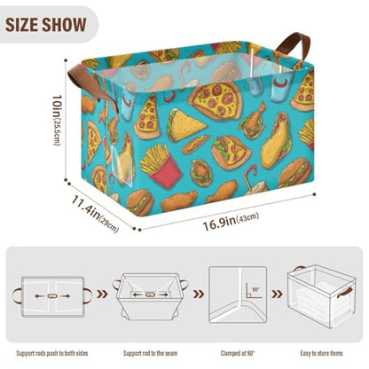 Ollabaky Collapsible Rectangular Closet Storage Bin Burger Fried Chicken Hot Dog Pizza Taco French Fries Shelf Basket Box with Leather Handles - Storage Cube, Nursery Storage, Laundry Hamper
