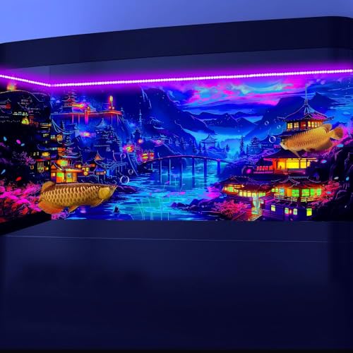 36X18IN Blacklight Japanese Anime Black Light Aquarium Background, UV Art City Night Fish Tank Background Scenery Terrarium Background with 10 EVA Double-Sided Tape - size: 36X18in/90X45cm