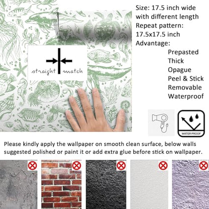 Livelynine Green Coastal Wallpaper Peel and Stick Removable Sage Green Tropical Fish Wallpaper Self Adhesive Ocean Beachy Coastal Contact Paper for Drawers Nautical Octopus Jellyfish Crab 17.5x78.8