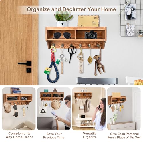Key Holder Wall Mount with Mail Organizer, 6 Hooks & Shelf, Brown - color: Brown