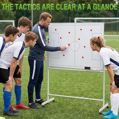 Double-Sided Soccer Coaching Board Height Adjustable Dry Erase Whiteboard with Wheels 360 Degree Reversible Soccer Tactics Board with Magnets Pen & Eraser for Teaching Training