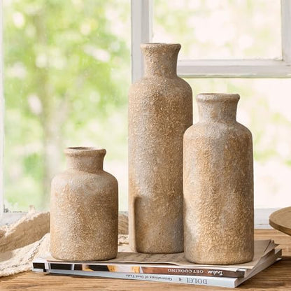 Ceramic Rustic Farmhouse Vase Set of 3,Terracotta Vases for Decor,Antique Vase for Your Bedroom,Office,Living Room,Fireplace,Bookshelf Decor,Housewarming (10+7.5+5 Inch)
