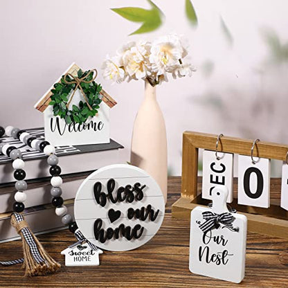 4 Pieces Farmhouse Tiered Tray Decor Set Including House Farmhouse Sign Wooden Small Items Plaid Wood Bead Garland for Home Decor(Simple Style)