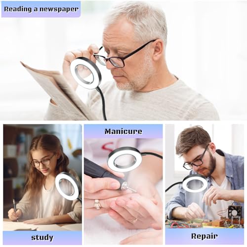 10X Magnifying Glass with Light, Clip on Mganifier with Light, 48 LED Desk Magnifying Glass wtih Clamp, 3 Modes Dimmable Magnifying LED Lamps for Bed Work Crafts DIY B