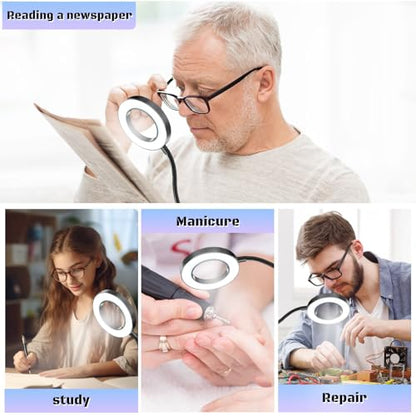 10X Magnifying Glass with Light, Clip on Mganifier with Light, 48 LED Desk Magnifying Glass wtih Clamp, 3 Modes Dimmable Magnifying LED Lamps for Bed Work Crafts DIY B