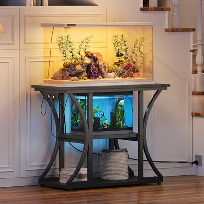 50 Gallon Aquarium Stand with Power Outlets Fish Tank Stand with 3-Tier Storage Shelves Display Stand for Turtle Tank Shelves Metal Frame Stand for Living Room Office Entryway(Black)