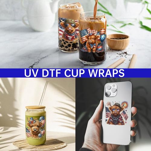 4 PCS Patriotic Highland Cows UV DTF Cup Wrap High Viscosity Stickers for Glass Mugs Notebooks Laptops - style: Patriotic Highland Cows