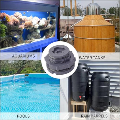 ChillWaves PVC Bulkhead Fitting 1-1/2" Double Thread Connector Adapter with Plugs for Water Tank, Aquariums, Rain barrels(2-PACK)