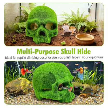 Mossy Skull Aquarium Decor, Resin Fish Tank Decorations Shrimp Cave Aquarium Betta Fish Hiedout Reptile House for Small Fish