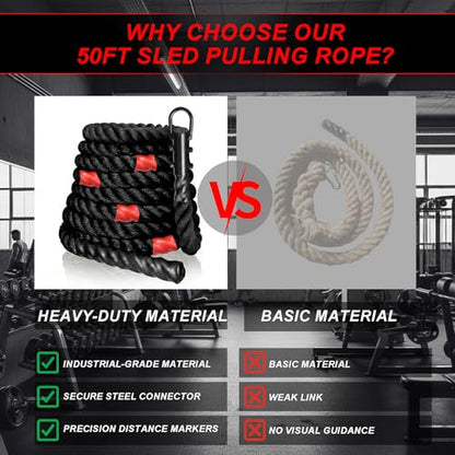 J Bryant Weighted Sled Pull Rope with 3m Interval Markers, Braided Polyester Training Rope with Storage Bag & Carabiner for Home Gym Conditioning - size: 50FT