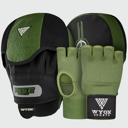 WYOX Boxing Hand Wraps Inner Gloves & Curved Focus Mitts Bundle for Men & Women Adults – 80cm Wrist Support, Gel Padding, MMA Muay Thai Kickboxing Training Gloves & Pads