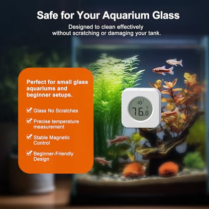 Nano Aquarium Magnetic Algae Scraper, Built-in High Accuracy Digital Aquarium Thermometer, 2 in 1 Fish Tank Glass Cleaner Tool for 1-30 Gallons Glass Tank