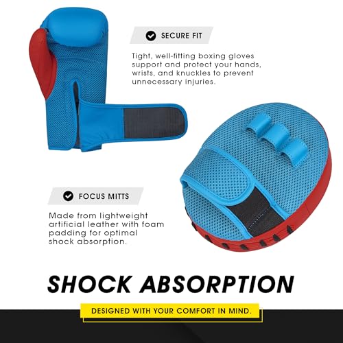 Adidas Boxing Home Training Kit - Pair of Gloves and Mitts 2pc Set for Adult & Kids, for Boxing, Punching Bag, Kickboxing, MMA, and Training, Blue Red