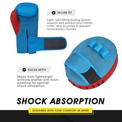 Adidas Boxing Home Training Kit - Pair of Gloves and Mitts 2pc Set for Adult & Kids, for Boxing, Punching Bag, Kickboxing, MMA, and Training, Blue Red