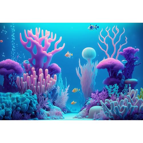 Underwater Landscape Aquarium Background Cartoon Style Pink Corals and Striped Fish Terrarium Background Tropical Colourful Fish Marine Sun Rays Fish Tank Backdrop Poster Decorations Vinyl 30x12in - color: Pure Blue, size: 30(W)x12(H)in