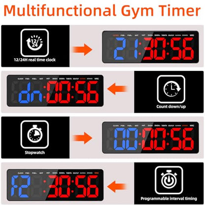 13" Gym Timer Clock, Workout Interval Timer with Remote Control, Count Down & Up Stopwatch, Adjustable Brightness, Large LED Digital Display, Fitness Digital Clock for Home/Garage/Boxing
