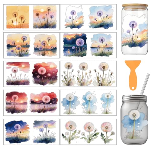 arricraft 10 Pcs Dandelion Theme Cup Printing UV Transfer Papers, 10 Styles Watercolor Scenery and Dandelions PVC DIY Heat Transfer Stickers for 16 OZ Glass Cups Crafts 9.5x4.3inch - style: Watercolor Dandelion Theme