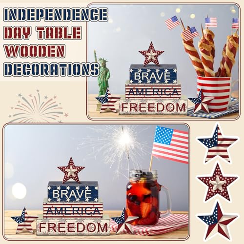 6 Pieces 4th of July Table Decorations Patriotic Wooden Block Signs Patriotic Centerpieces Freedom Brave Red White Blue Tiered Tray Decor for Home 250th Anniversary - style: Star
