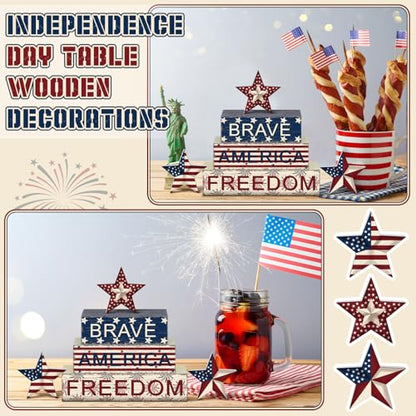 6 Pieces 4th of July Table Decorations Patriotic Wooden Block Signs Patriotic Centerpieces Freedom Brave Red White Blue Tiered Tray Decor for Home 250th Anniversary - style: Star