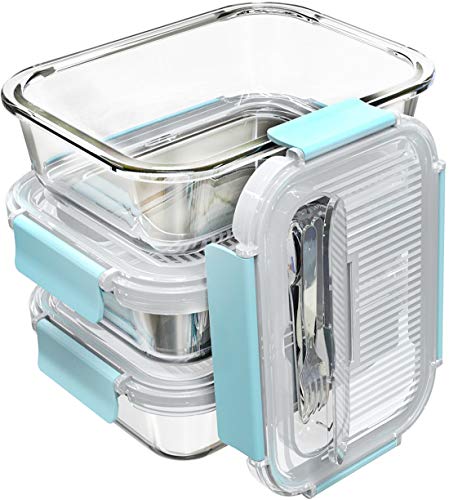 Large Glass Food Storage With Locking Lids - Bento Box Lunch and Meal Prep Containers [3-Pack, 36 OZ]