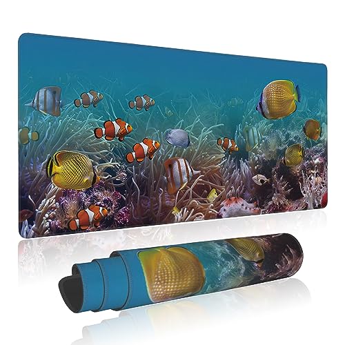 Large Mouse Pad Colourful Underwater World Exotic Fishes Extended Gaming Mouse Pad Non-Slip Desk Mat with Stitched Edge Laptop Computer Keyboard Mousepad for Office Home 35.4" x 15.7" - color: Colourful Underwater World Exotic Fishes