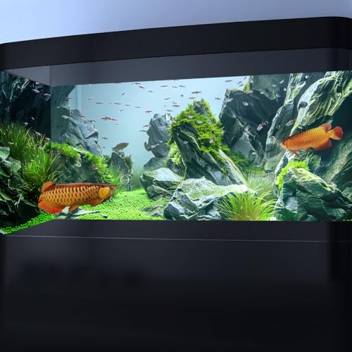 Marine Aquarium Background, Sea Rock Green Landscape Fish Tank Background, Nature Photo Terrarium Background 48X24IN with 8 EVA Double-Sided Tape