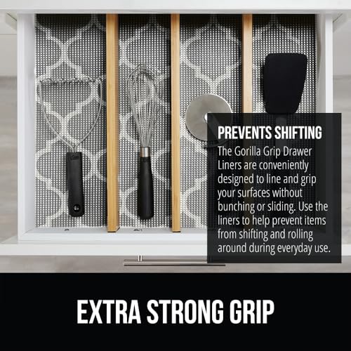 GORILLA GRIP powerGRIP Drawer Shelf and Cabinet Liner, Thick Strong Hold, Non-Adhesive Liners Protect Kitchen Cabinets and Cupboard, Bathroom Drawers, Easy Install, Breathable Mat, 12" x10' Quatrefoil - color: Quatrefoil: Gray/White, style: 12" x 10'