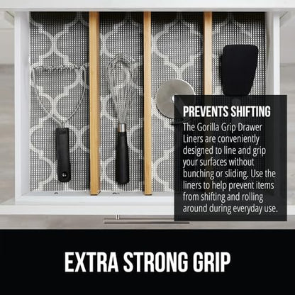 GORILLA GRIP powerGRIP Drawer Shelf and Cabinet Liner, Thick Strong Hold, Non-Adhesive Liners Protect Kitchen Cabinets and Cupboard, Bathroom Drawers, Easy Install, Breathable Mat, 12" x10' Quatrefoil - color: Quatrefoil: Gray/White, style: 12" x 10'