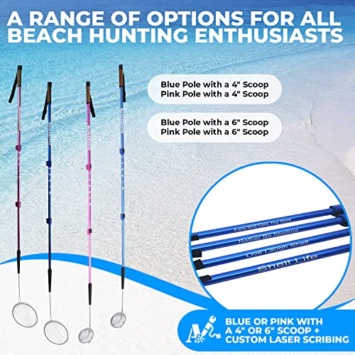 Full Size Beach Scoop Shovel & Sifter Tool for Beachcombing – Adjustable Sea Glass, Shell, Shark Tooth Sifter for the Beach – Can Be Used as a Walking or Hiking Stick Too – Blue, 4” Basket