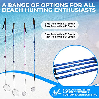 Full Size Beach Scoop Shovel & Sifter Tool for Beachcombing – Adjustable Sea Glass, Shell, Shark Tooth Sifter for the Beach – Can Be Used as a Walking or Hiking Stick Too – Blue, 4” Basket