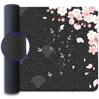 Black Watercolor Cherry Blossom Desk Pad Mouse Pad,Large Gaming Mouse Mat with Stitched Edges,Non-Slip Waterproof Rubber Base Mousepad for Office Work Home Desk Mat(27.5X11.8 in)