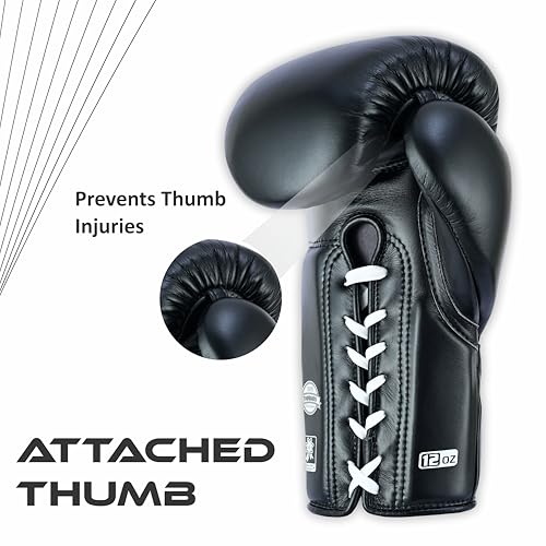 Aura 100 Full Grain Leather Lace Up Boxing Gloves for Men & Women – Professional Training, Sparring, Competition, Muay Thai, Kickboxing & Heavy Bag Gloves - color: Black, size: 14 OZ